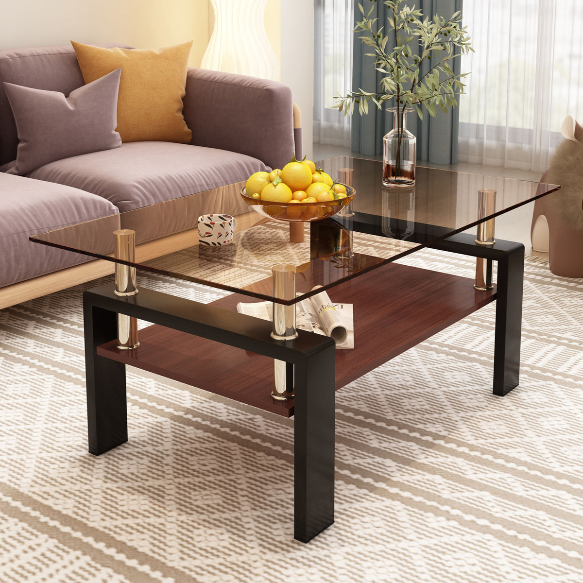 Modern Rectangular Coffee Table With Tempered Glass Top
