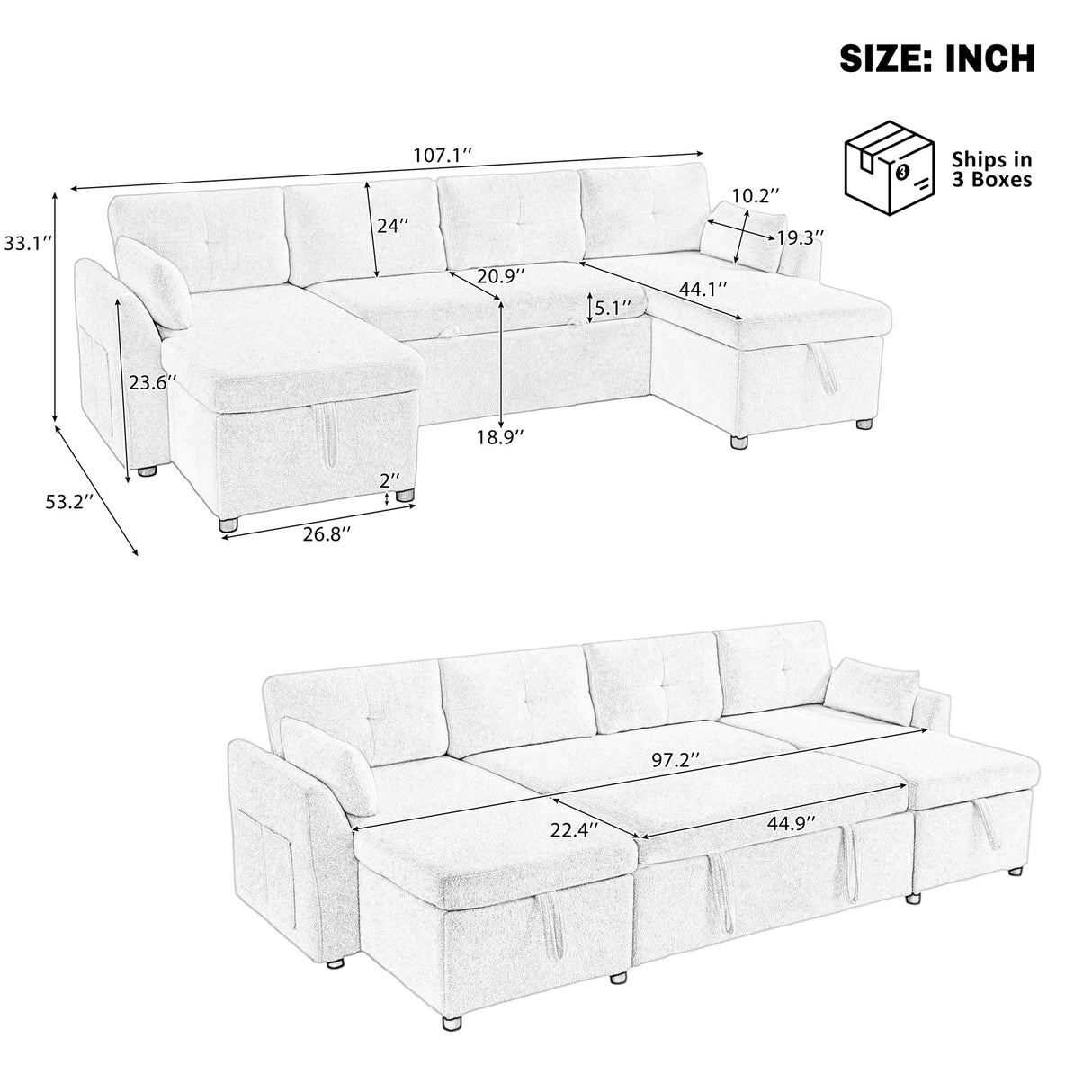 U-Shaped Sectional Sofa Bed With Storage And USB Ports