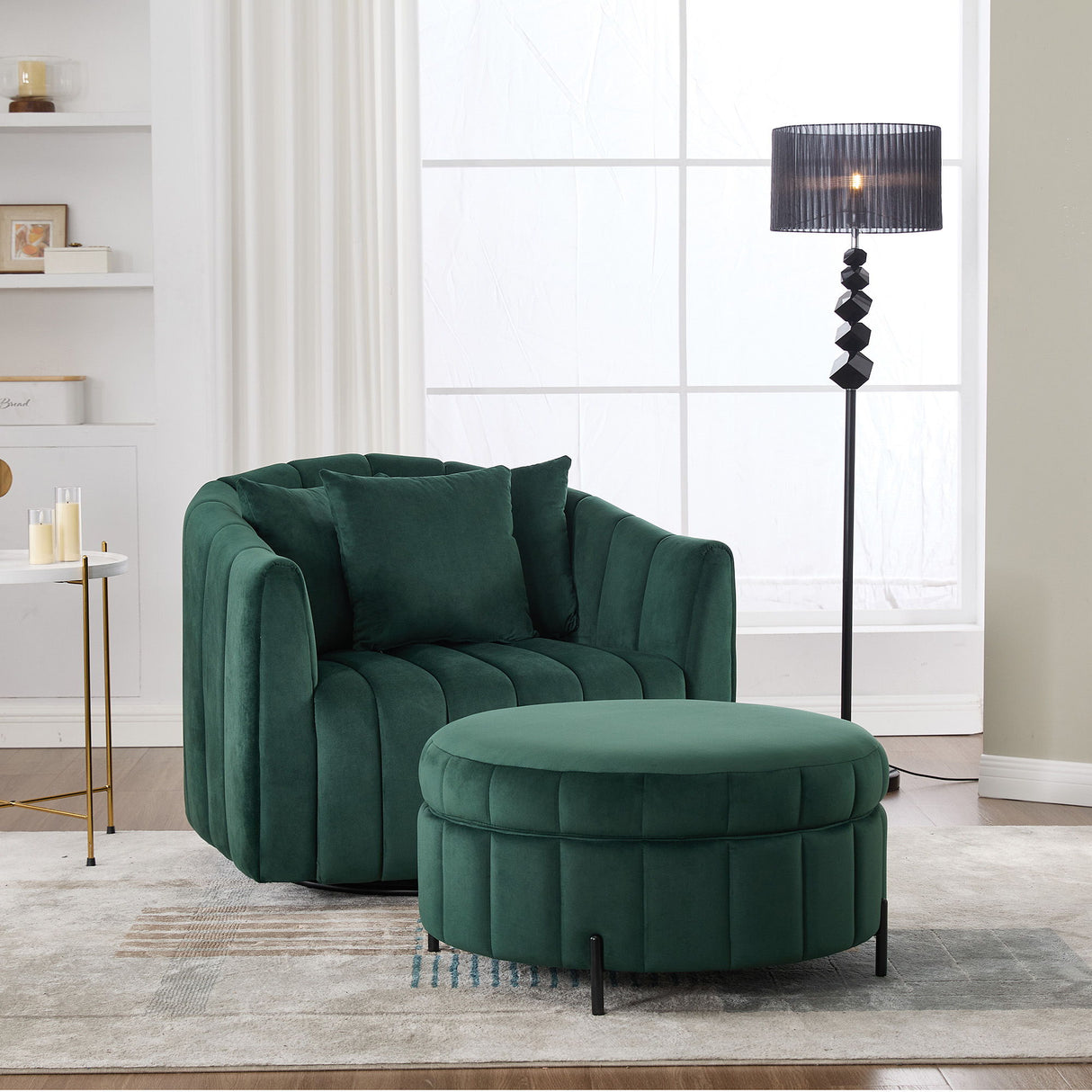Oversized Velvet Swivel Barrel Accent Chair And Ottoman Set With Storage