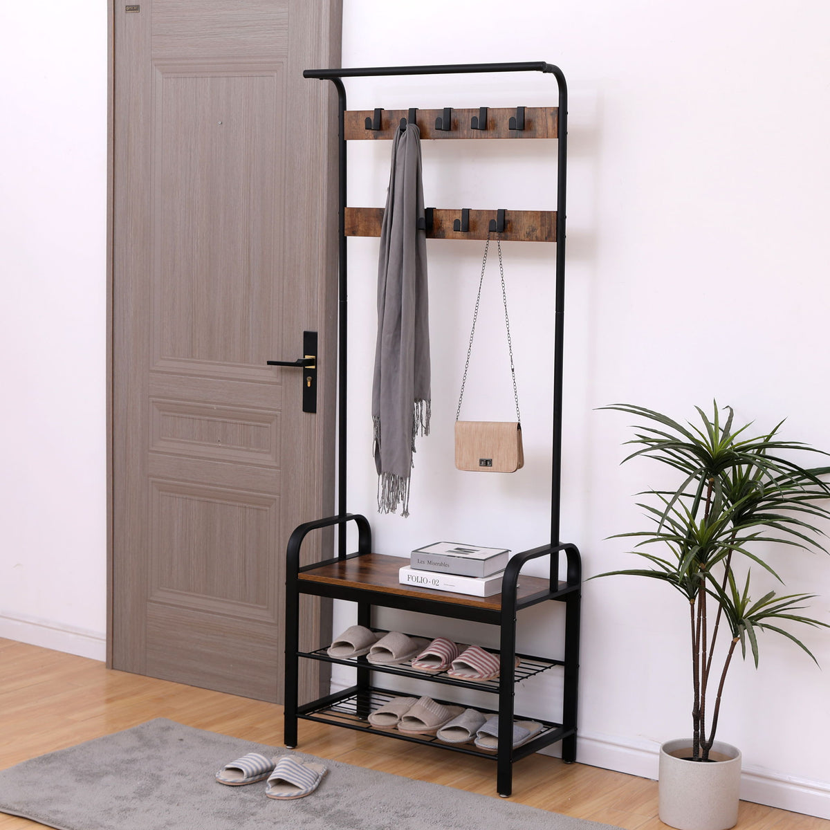 Coat Rack, Hall Tree With Shoe Bench For Entryway, Entryway Bench With Coat Rack, 4 In 1, With 9 Removable Hooks - Rustic Brown / Black