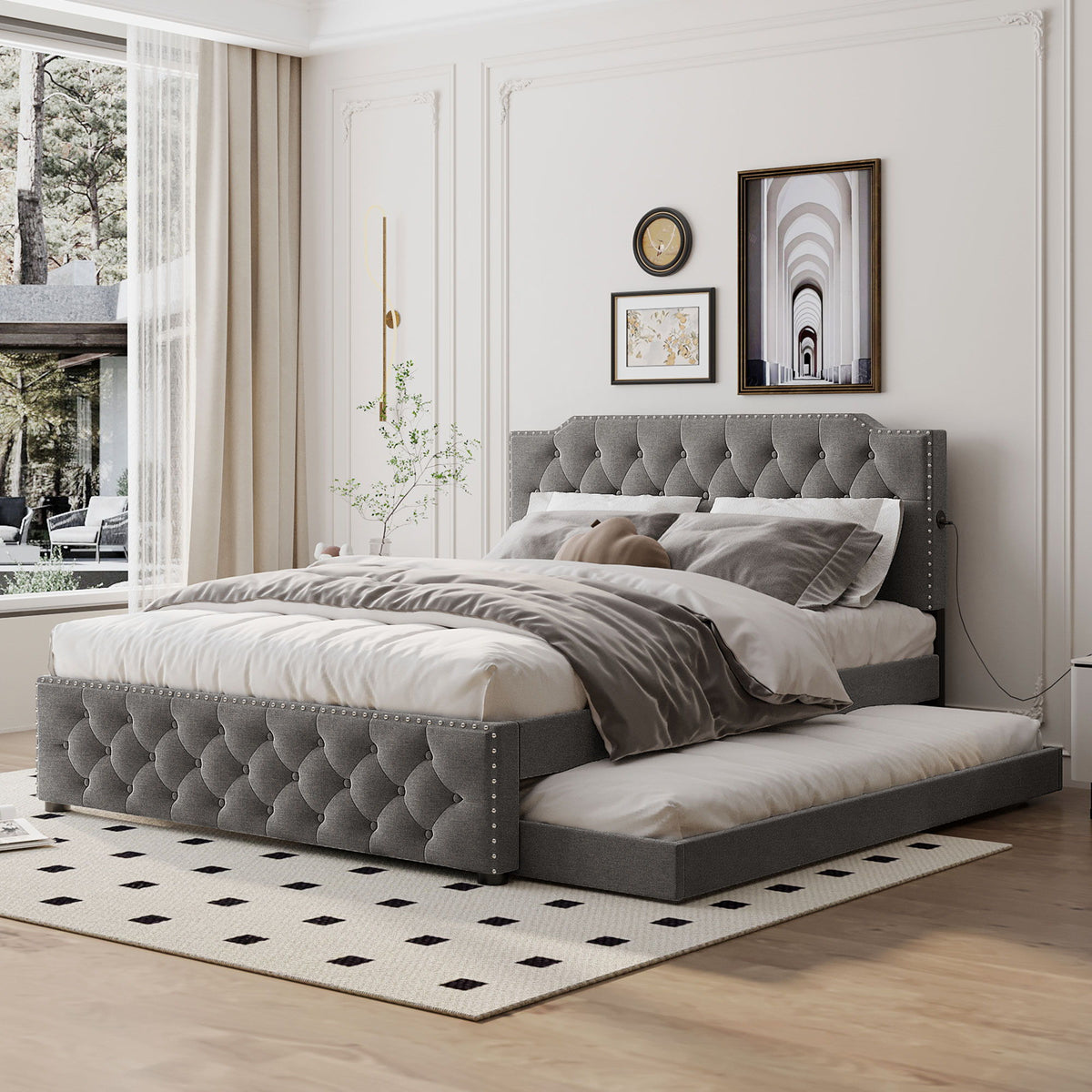 Upholstered Platform Bed With Trundle And 2 Sets Of USB Ports On Each Side, Fabric