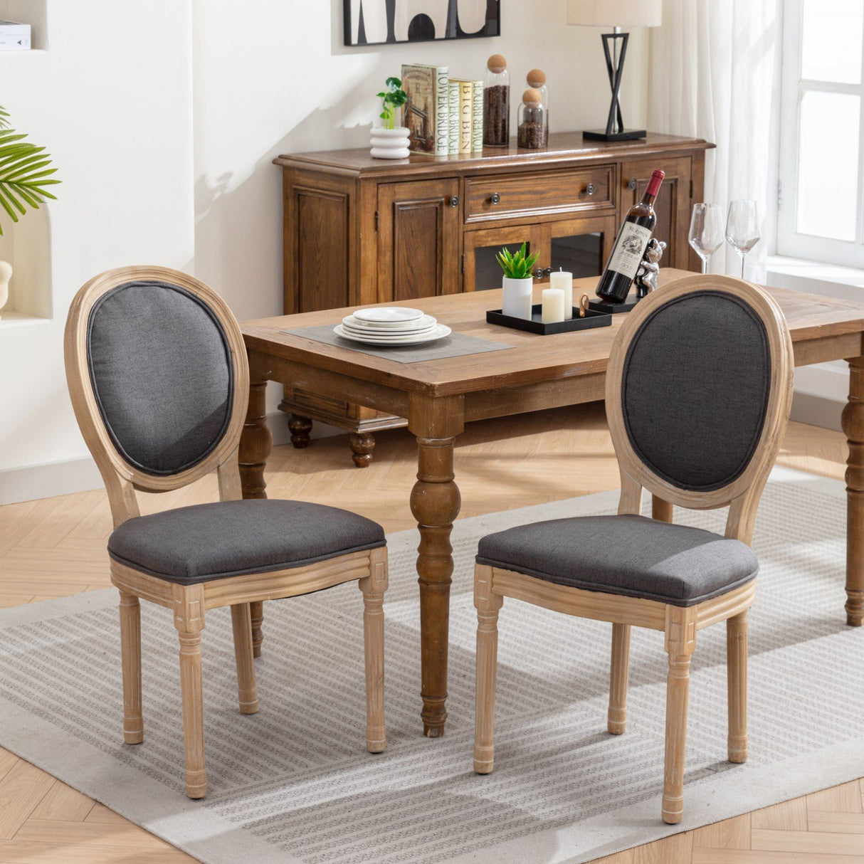 French Style Solid Wood Frame Antique Painting Fabric Back Dining Chair (Set of 2)