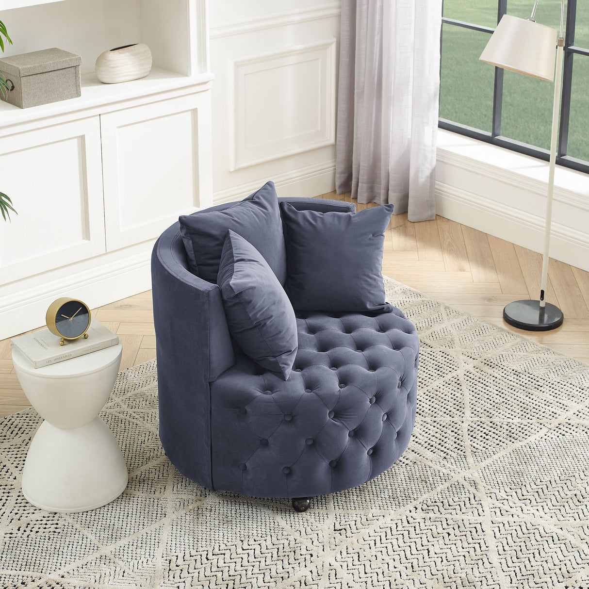 Modern Upholstered Swivel Chair With Button Tufted Design And Movable Wheels