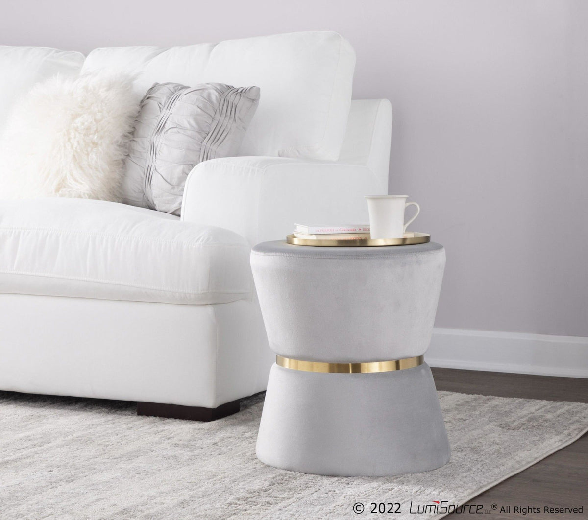Gemma - Contemporary/Glam Ottoman - Silver Velvet And Gold Metal