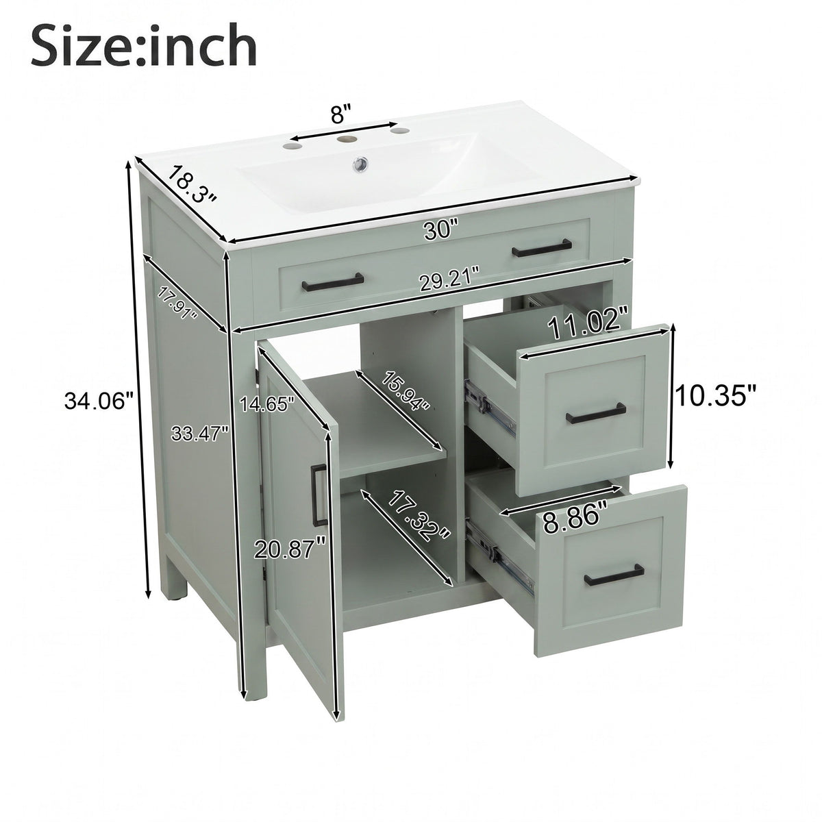 Bathroom Vanity With Sink, 2 Soft Close Drawers, 1 Soft Close Door, Adjustable Shelf