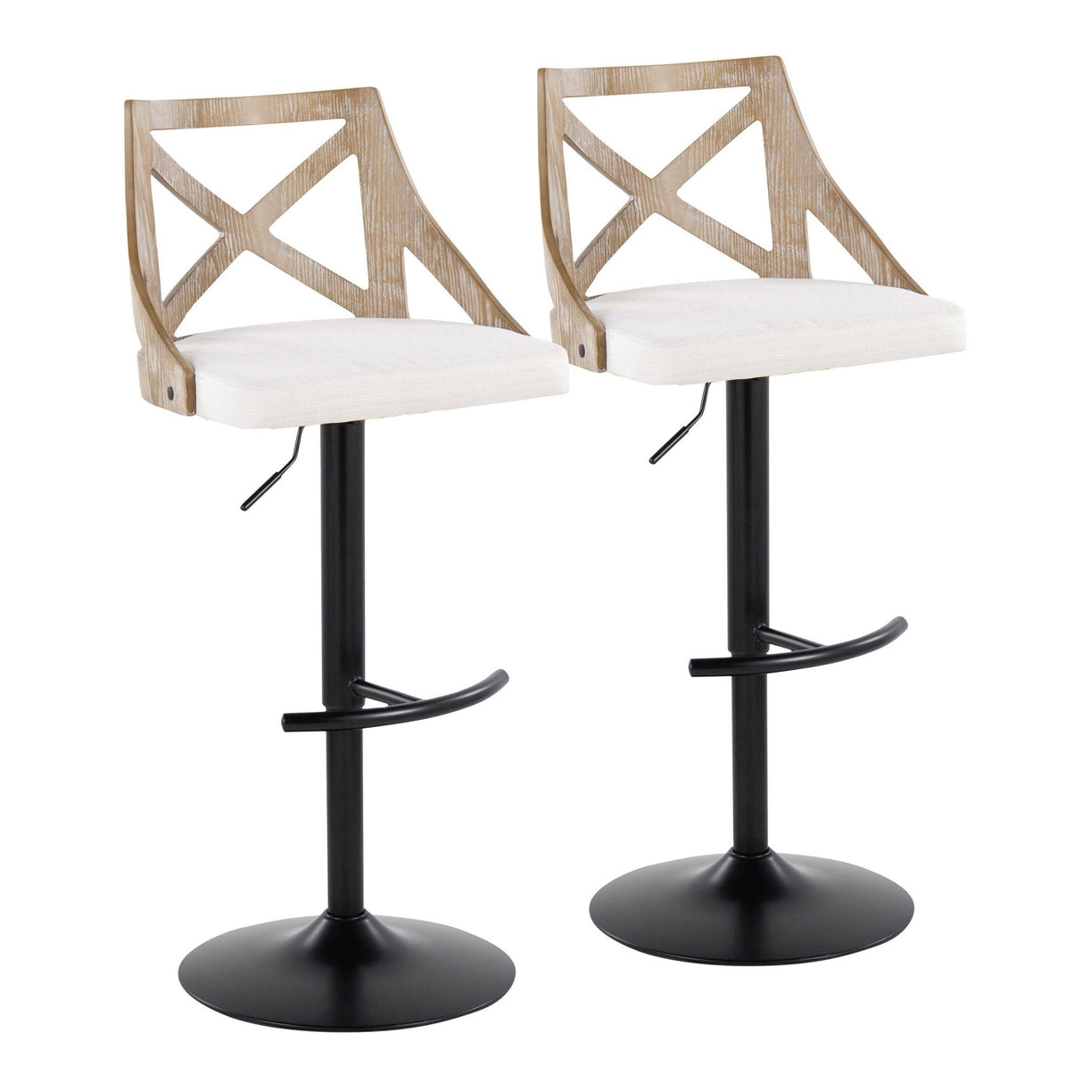 Charlotte - Adjustable Barstool (Set of 2) - Black Metal, Whitewashed Wood, Cream Fabric