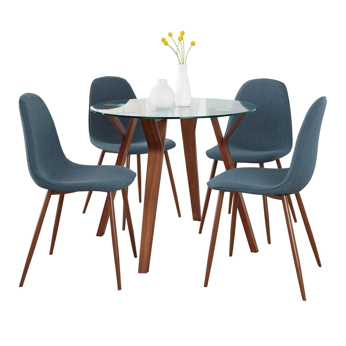 Folia - Round Pebble Mid-Century Modern 5 Piece Dining Room Set - Walnut Wood, Round Clear Tempered Glass, Walnut Metal And Blue Fabric