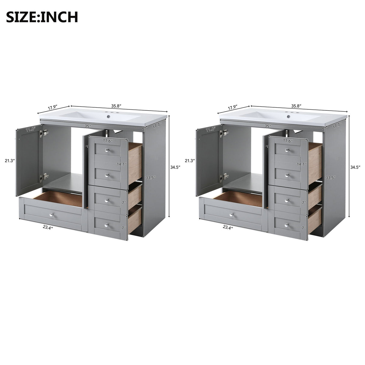 Shaker Free Standing Bathroom Vanity Cabinet With Sink, Soft Close Drawers, Soft Close Doors