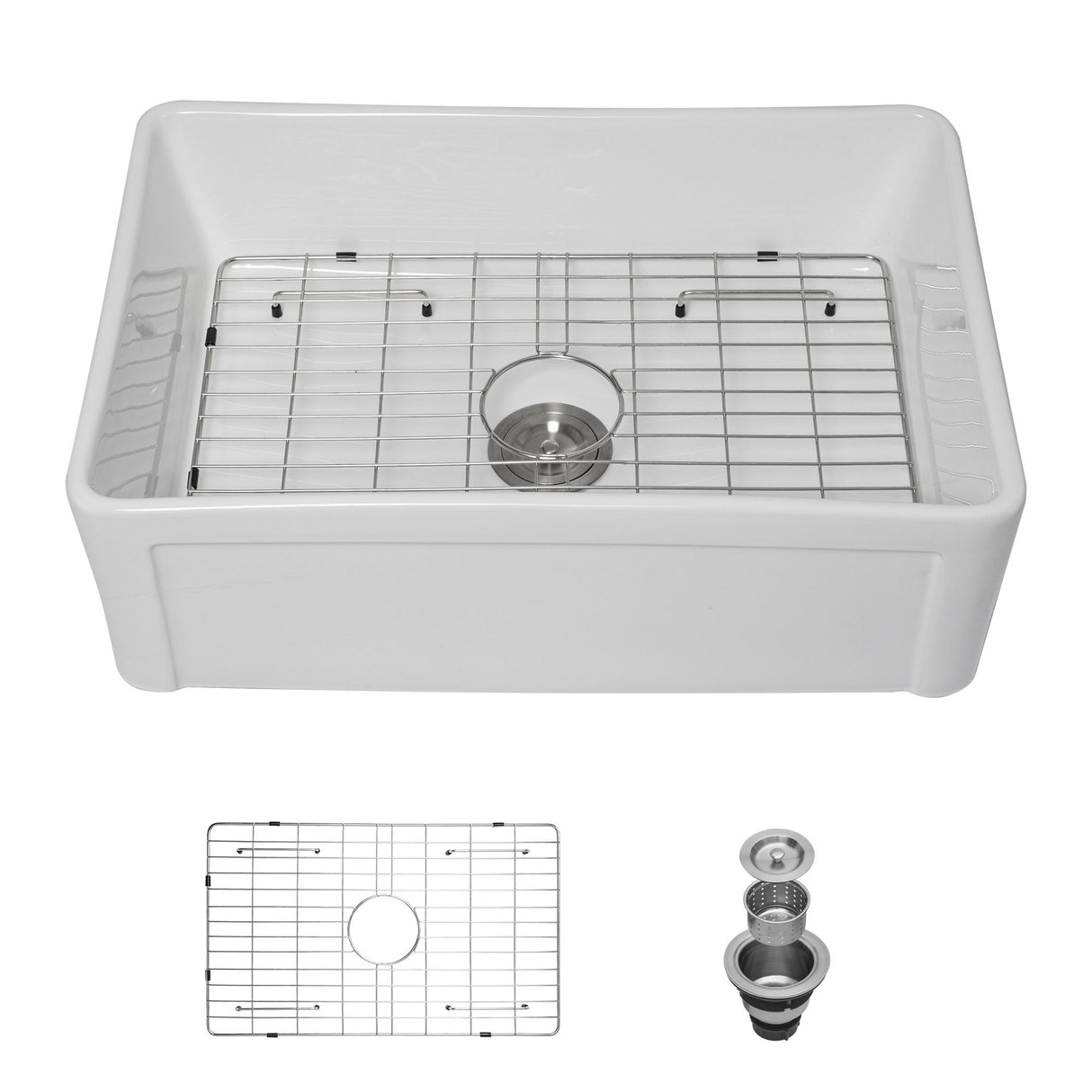 Sink 30" Apron Front Reversible Single Bowl Kitchen Sink & Grid And Strainer - White