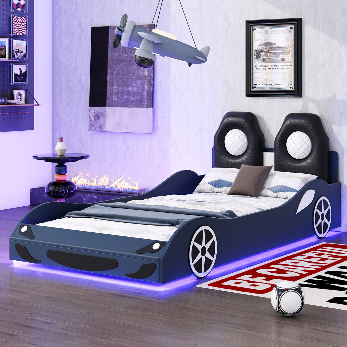 Race Car Shaped Platform Bed With LED And Upholstered Backrest In