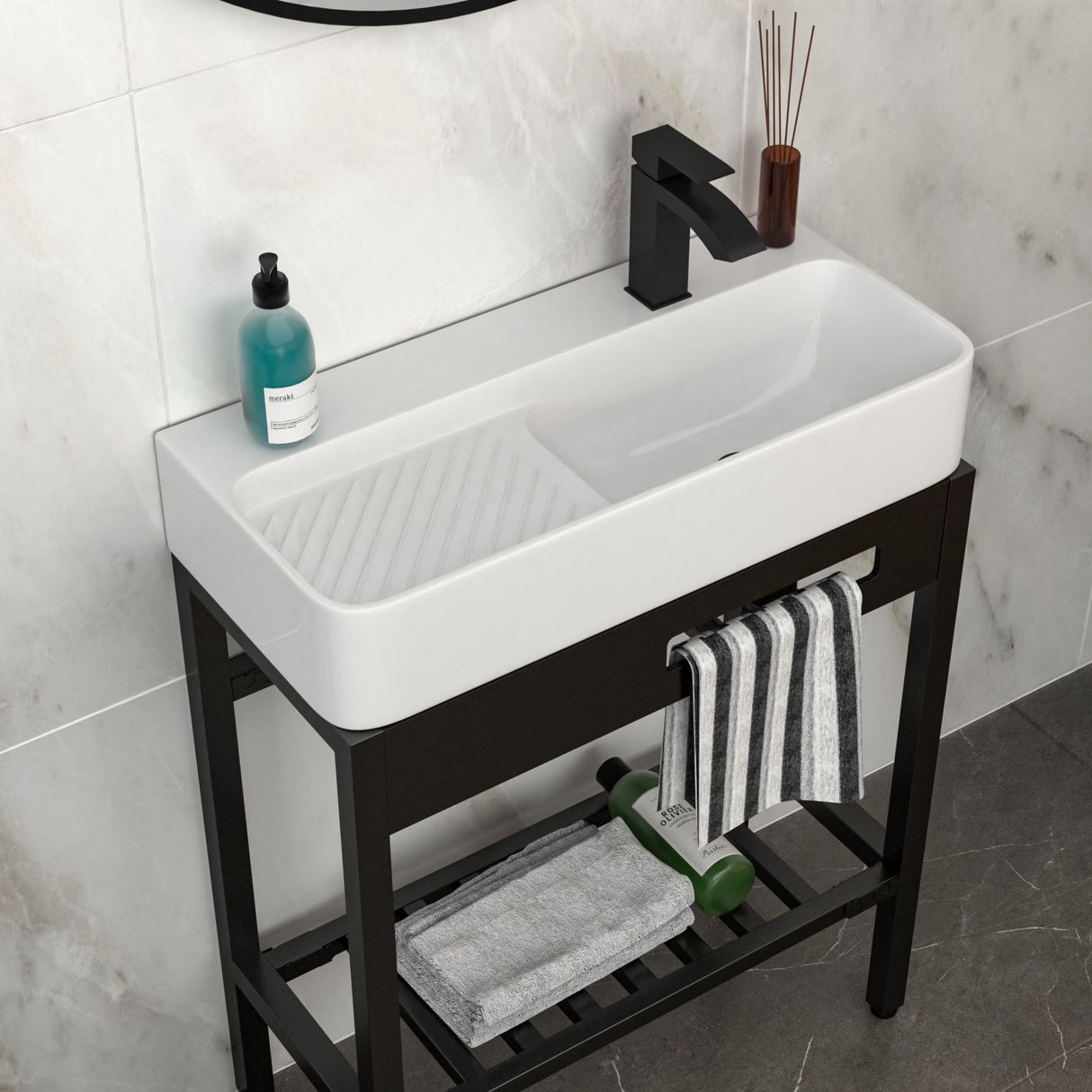 Inspired Console Sink With Built In Washboard, Overflow & Sleek Legs, 28" X 12" - White / Black