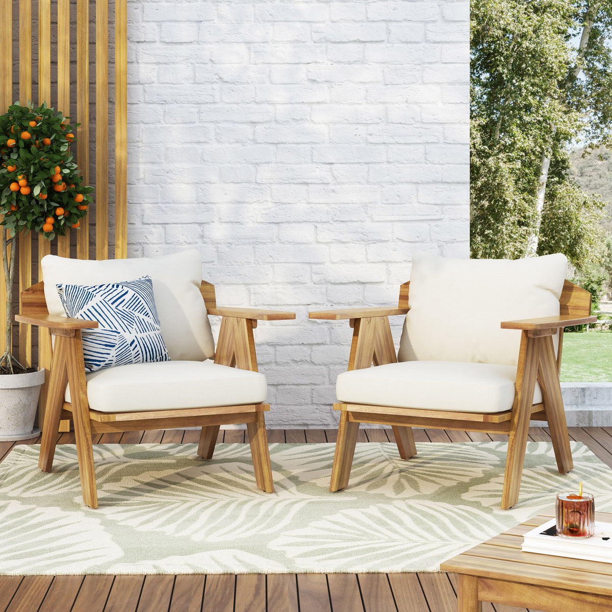 Outdoor Acacia Wood Club Chairs With Cushions (Set of 2) - Teak / Beige
