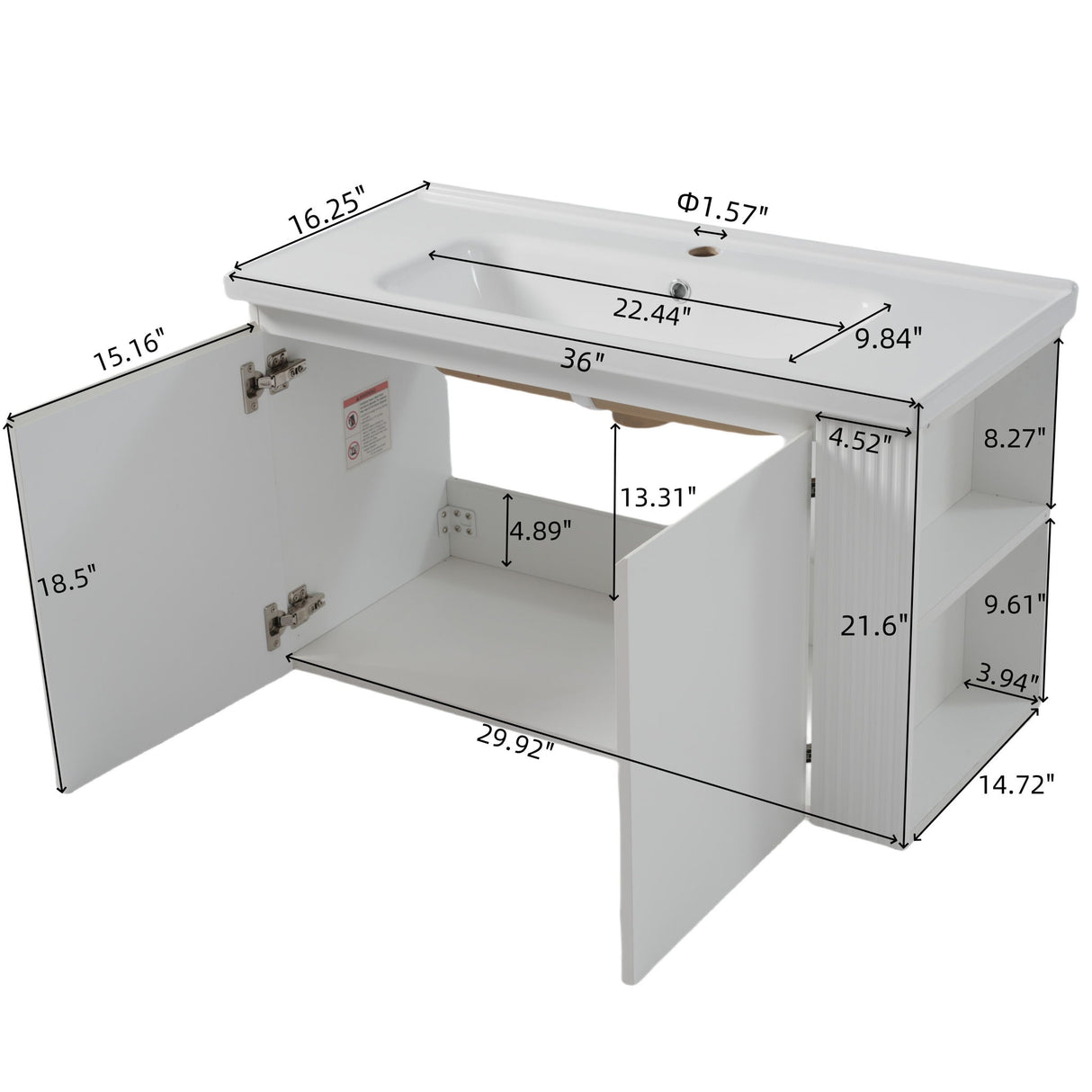 Wall Mounted Bathroom Vanity With Sink, 2 Open Shelves - White