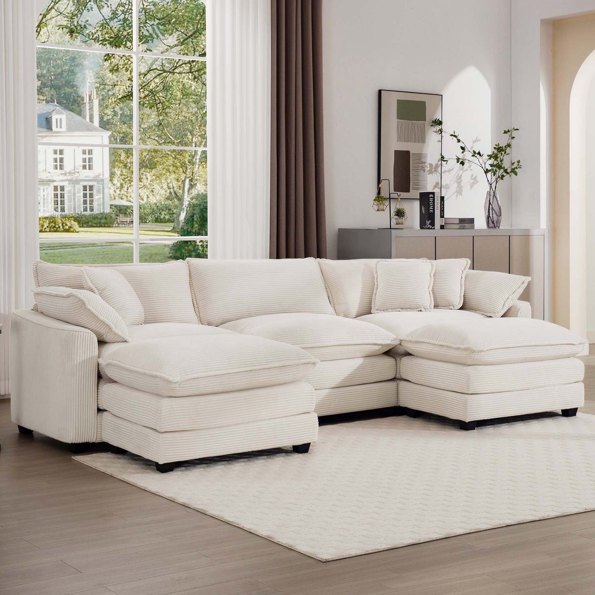 Modern Oversized Modular Cushion Sofa With Ottoman, Low Back, Deep Seating Sofa Set