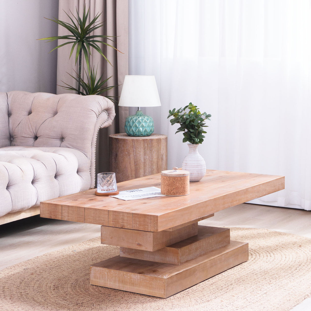 Modern Rustic Coffee Table, Rectangular Center Table For Living Room - Natural Wood Wash / Rustic