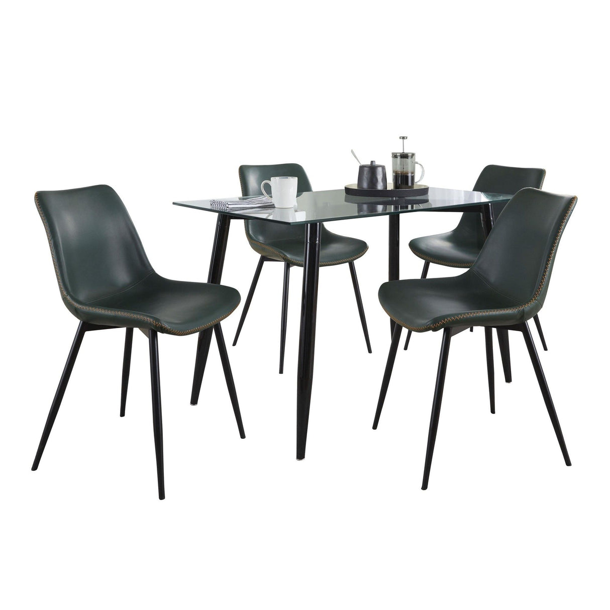 Clara - Durango Contemporary 5 Piece Dining Room Set - Black Metal, Clear Glass And Green Vintage Faux Leather With Orange Zig Zag Stitching