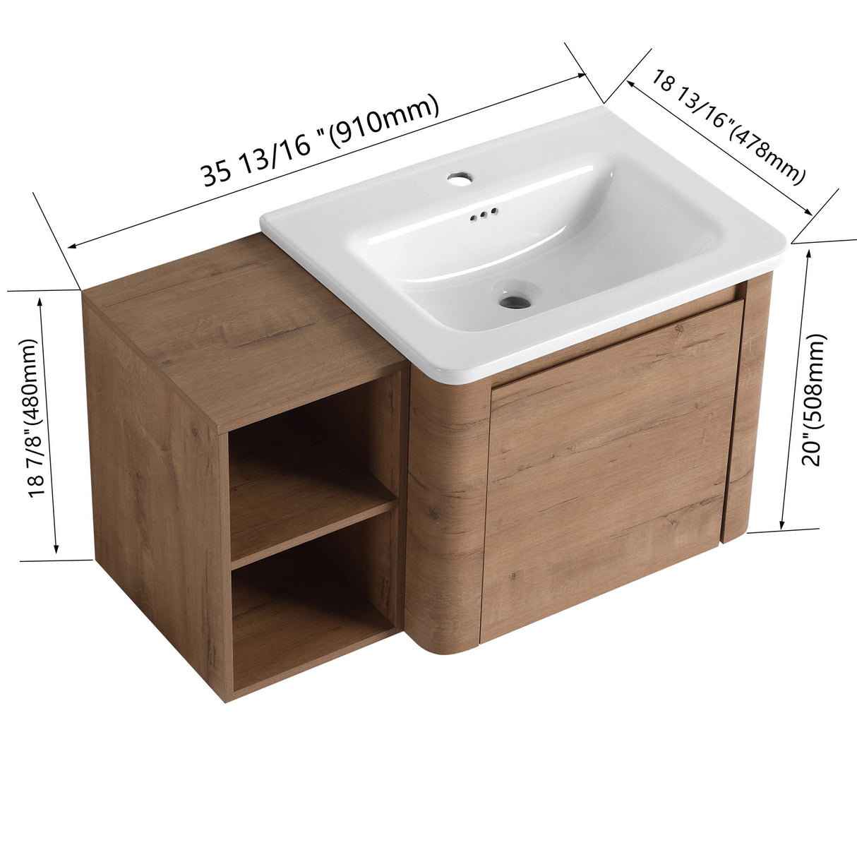 Wall Mounted Bathroom Vanity & Sink, Storage Shelves & Soft Close Door