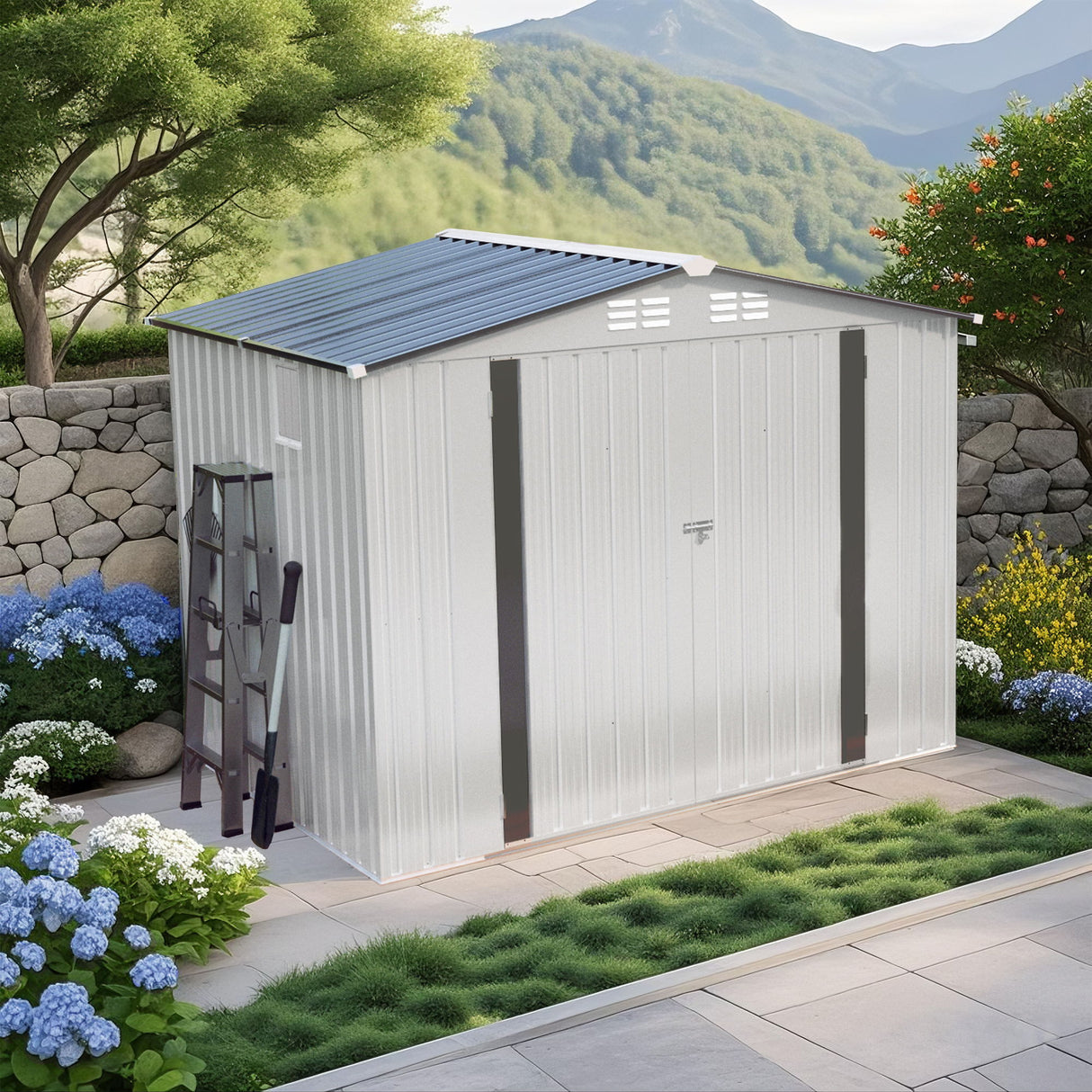 Garden Tool Shed Metal Storage Shed With Peaked Roof Waterproof Lockable Door