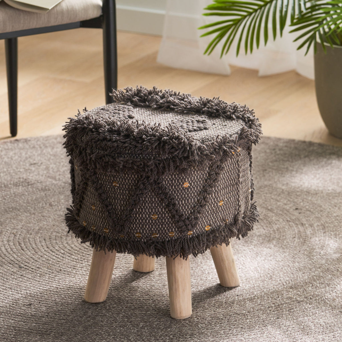 Roja - Handcrafted Wool & Cotton Foot Stool With Eucalyptus Wood Frame - Dark Brown
