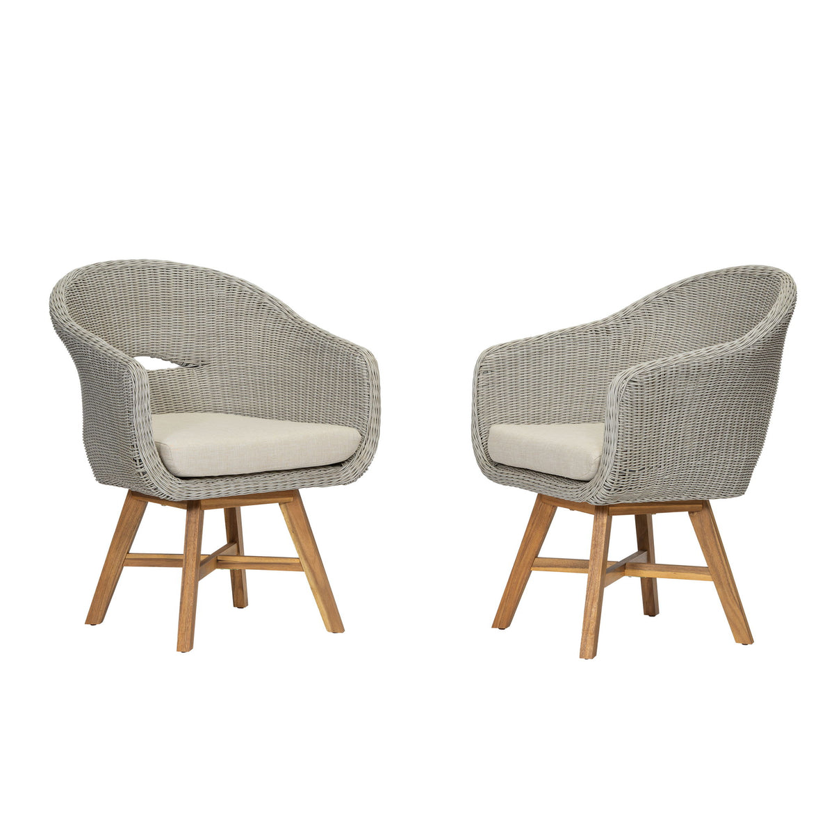 Modern Coastal Rattan Dining Chairs, (Set of 2), Solid Wood Legs - Beige / Gray Ash / Natural