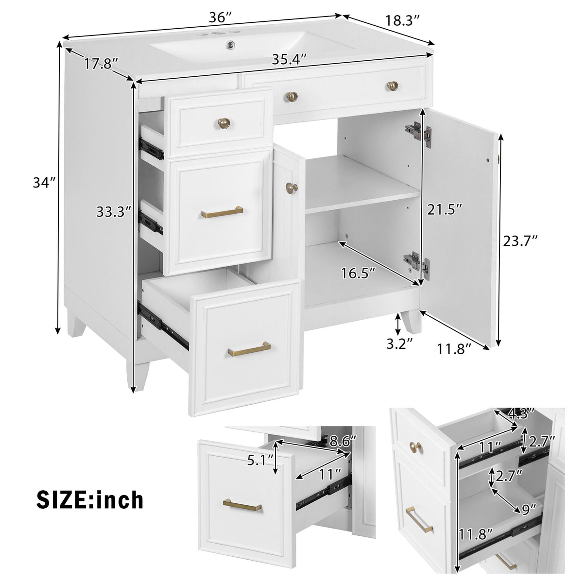 Bathroom Vanity With Sink, Soft Close Doors, Adjustable Shelves