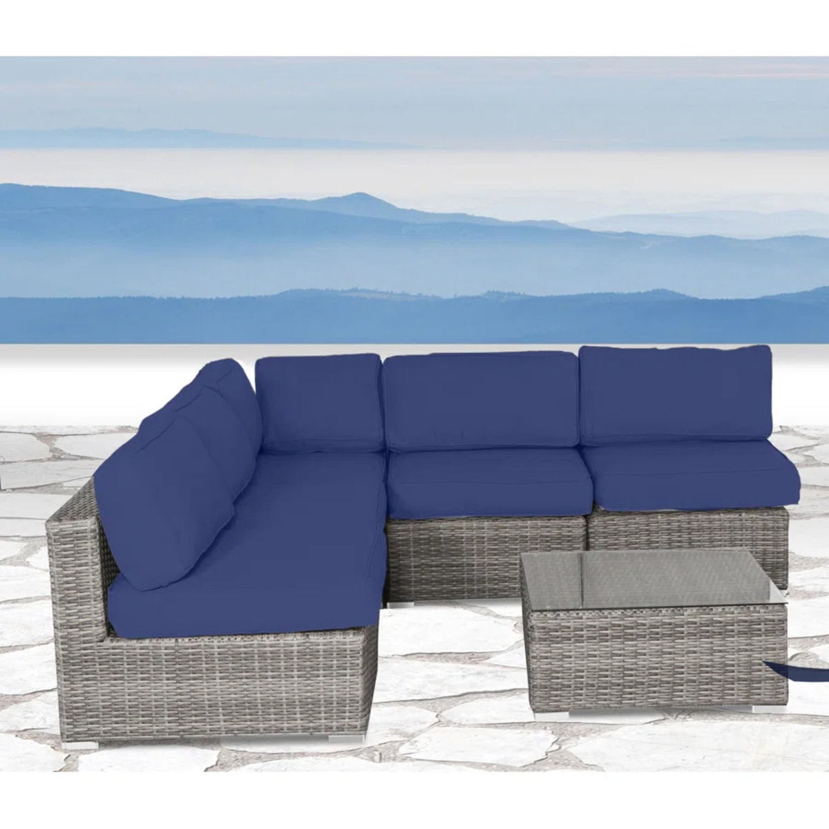 6 Piece Wicker Patio Furniture Set With Cushions, All Weather - Gray Mix / Navy Blue