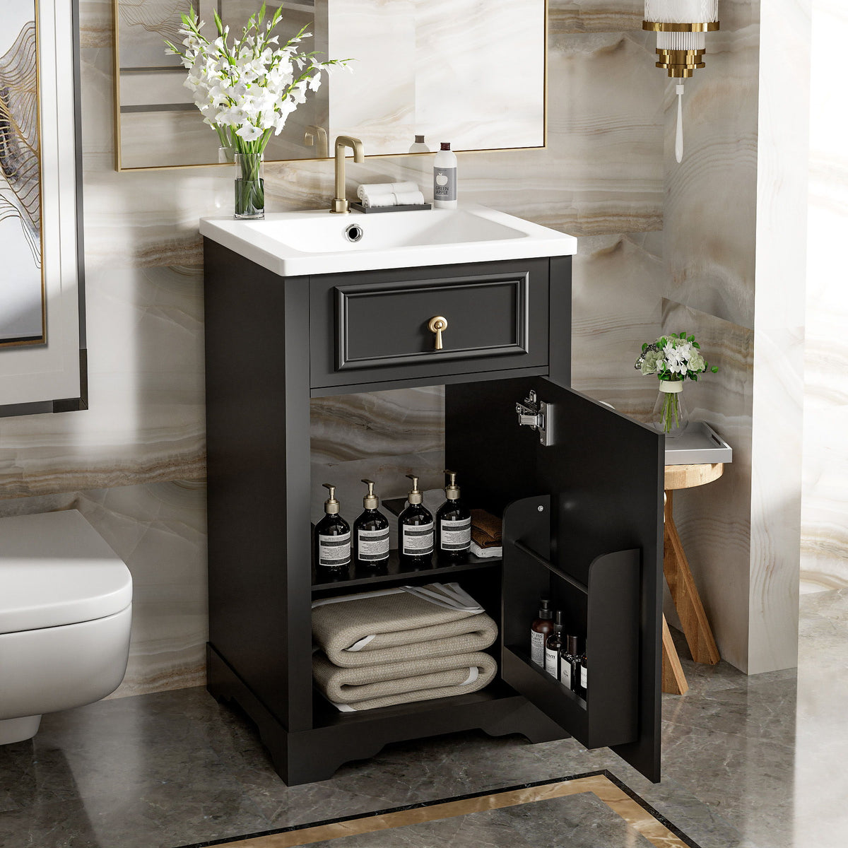 Elegant Bathroom Vanity With Ceramic Sink, Soft Close Door, Adjustable Shelf