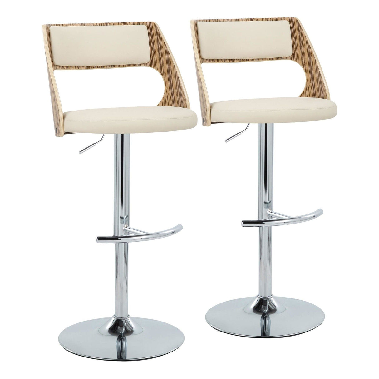 Cecina - Adjustable Barstool With Swivel And Rounded T Footrest (Set of 2) - Chrome Metal, Zebra Wood, And Cream Faux Leather