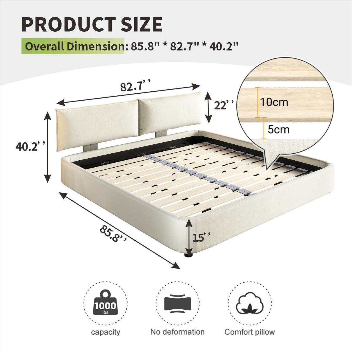 Cloud Bed Frame With Oversized Padded Movable Headboard