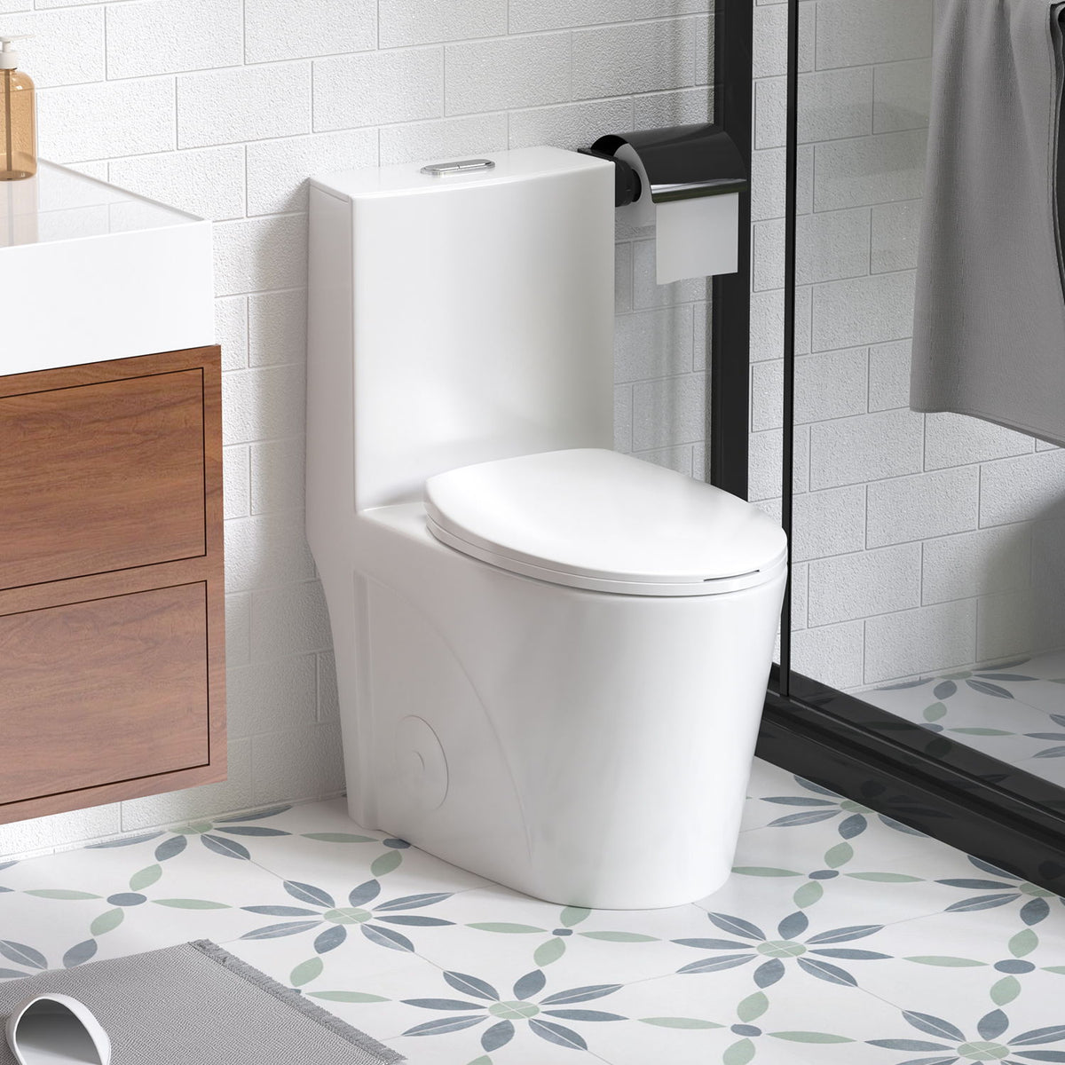 Glossy Tornado Flush 1 Piece Toilet With Dual Flush, Soft Close Seat - Gloss White