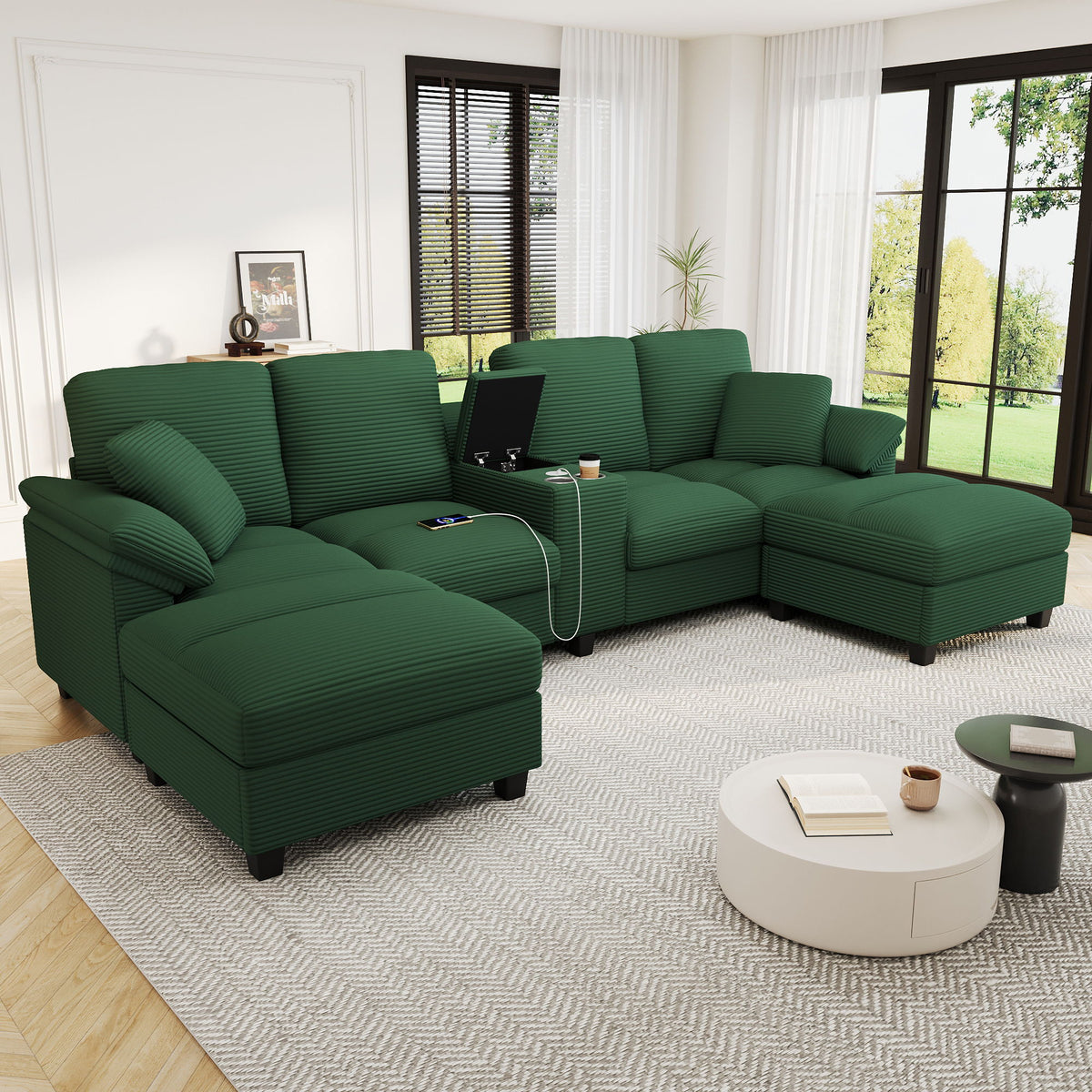 Modern U - Shaped Sectional Sofa With Storage Ottomans, USB Ports, And Cup Holders
