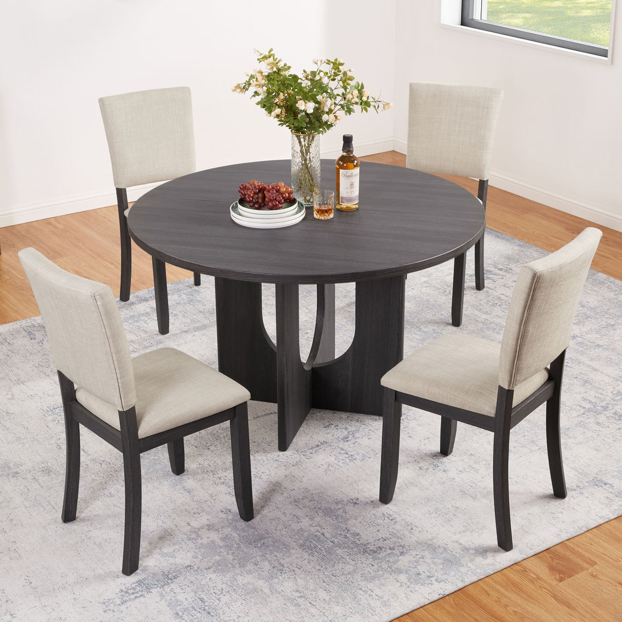 Round Dining Set With 4 Upholstered Dining Chairs