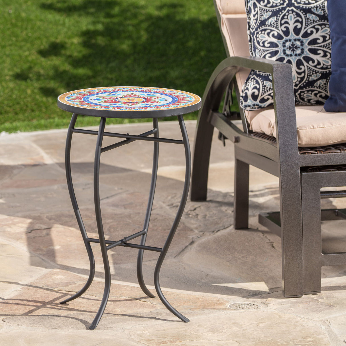 Outdoor Round Side Table With Mosaic Style Top And Curved Iron Legs