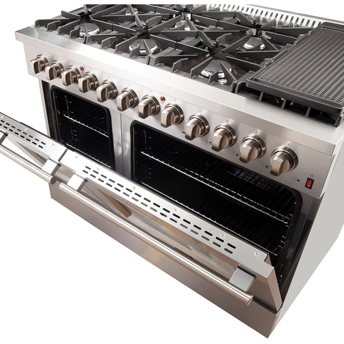 Forno Galiano FFSGS615648 48 Inch Freestanding Dual Fuel Range with 8 Sealed Burners, 6.58 cu. ft. Total Capacity, Continuous Cast Iron Grates, Griddle, and LP Conversion Kit Included: Stainless Steel