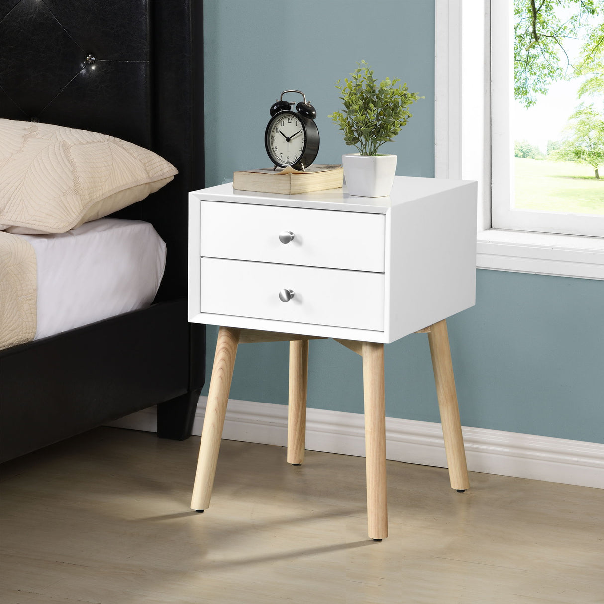Modern Side Table With 2 Drawer, Mid-Century Storage Cabinet For Bedroom - White