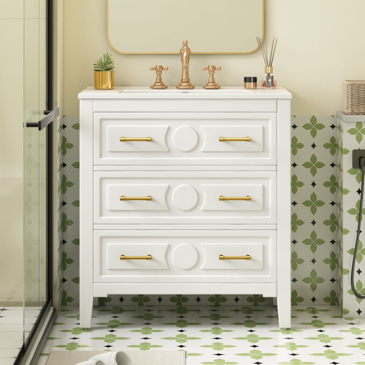 Retro Bathroom Vanity With Sink Combo, Free Standing Single Set With 3 Drawers