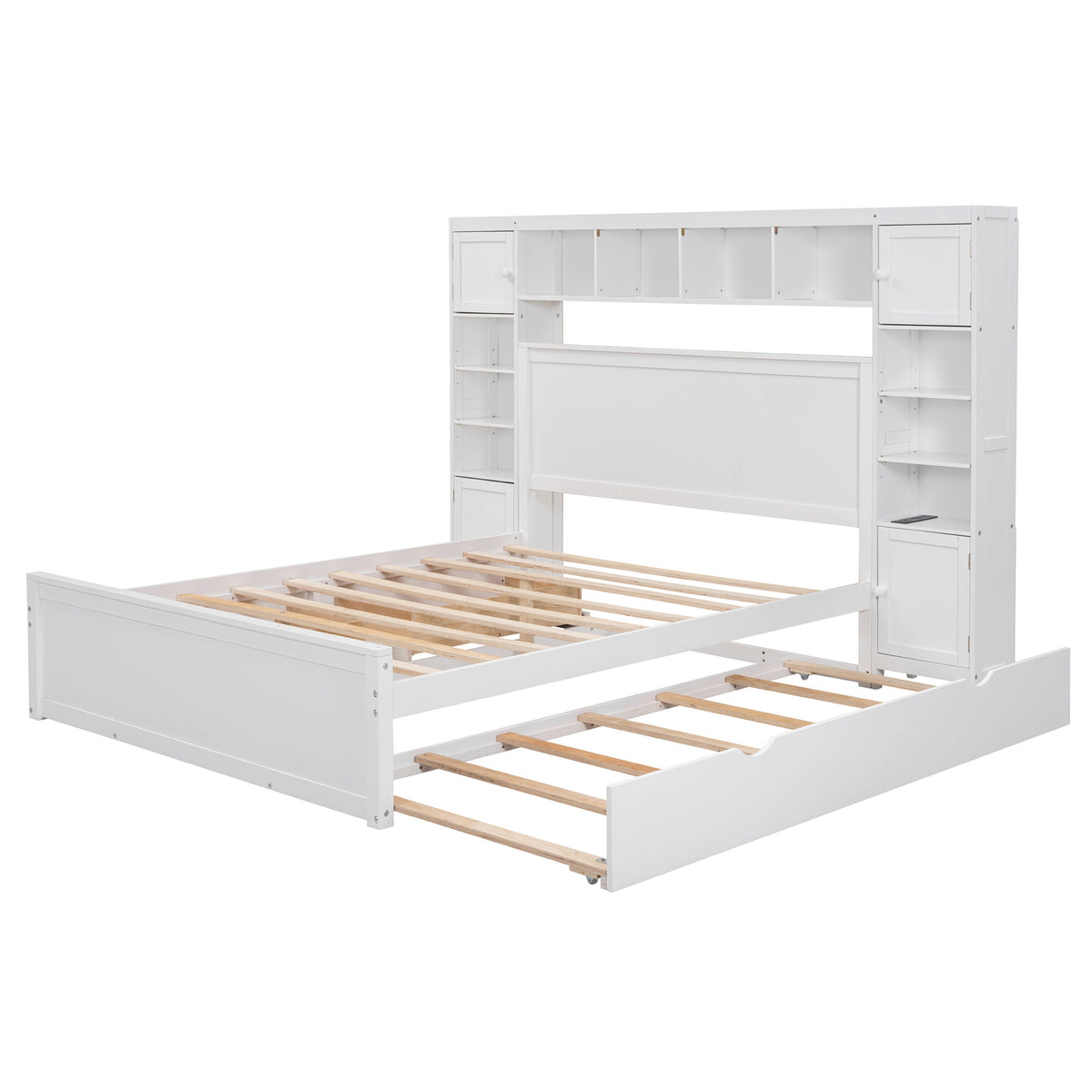 Bed With All In One Cabinet, Shelf And Sockets, Twin Long Trundle
