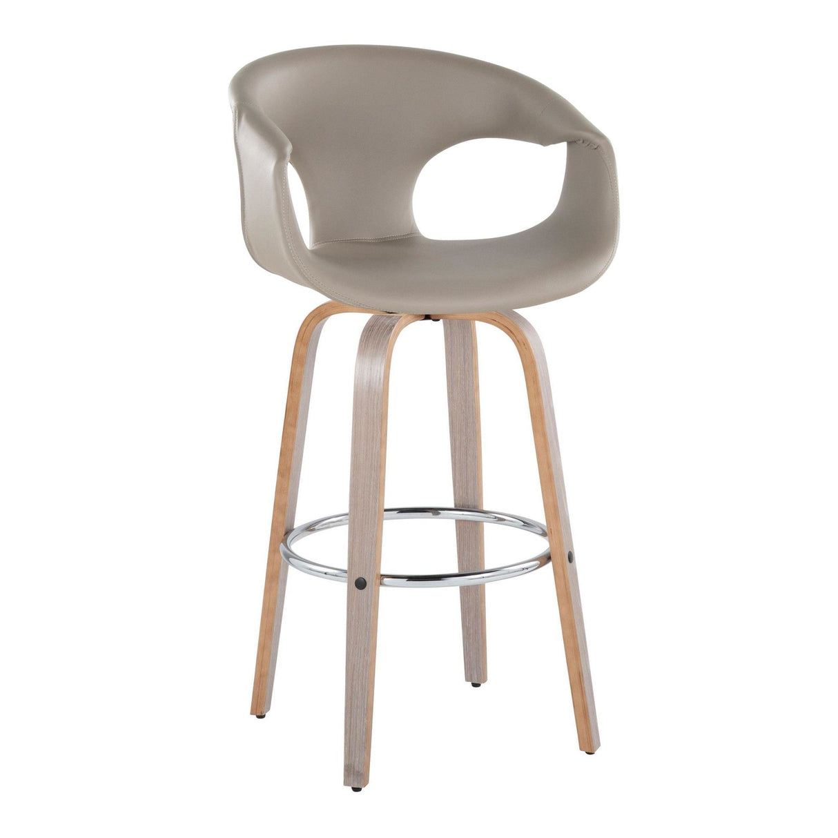 Curvo - 30" Fixed-Height Barstool With Swivel And Round Chrome Metal Footrest (Set of 2) - Light Gray Wood And Light Gray Faux Leather