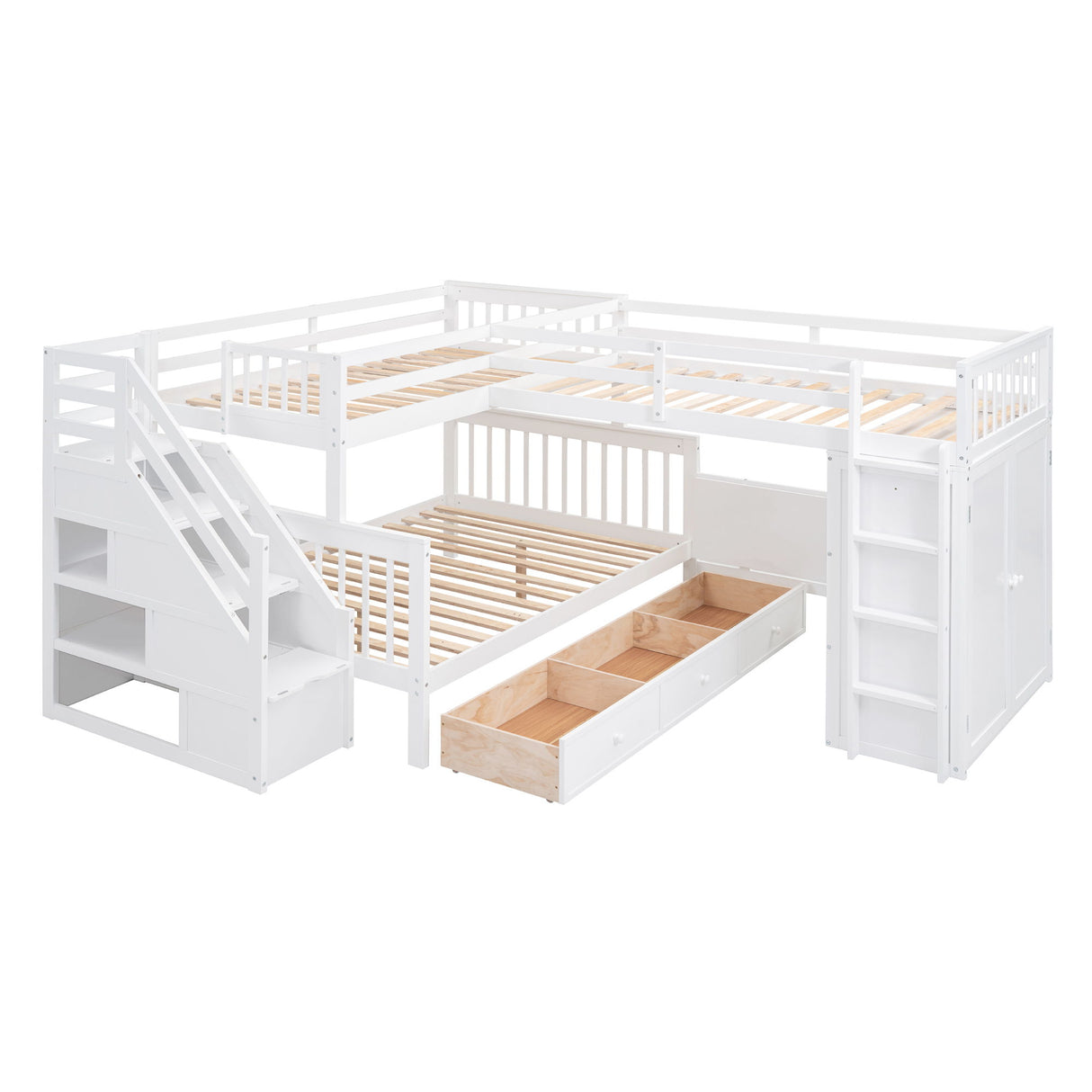 L Shaped Bunk Bed With 3 Drawers, Portable Desk And Wardrobe