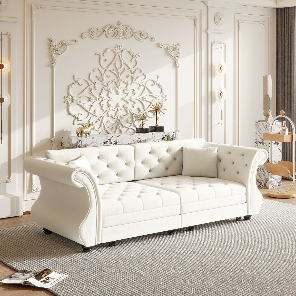 Oversized Chesterfield Pull Out Sofa Bed, Roll Arm Couch With Flower Tufting For Living Room