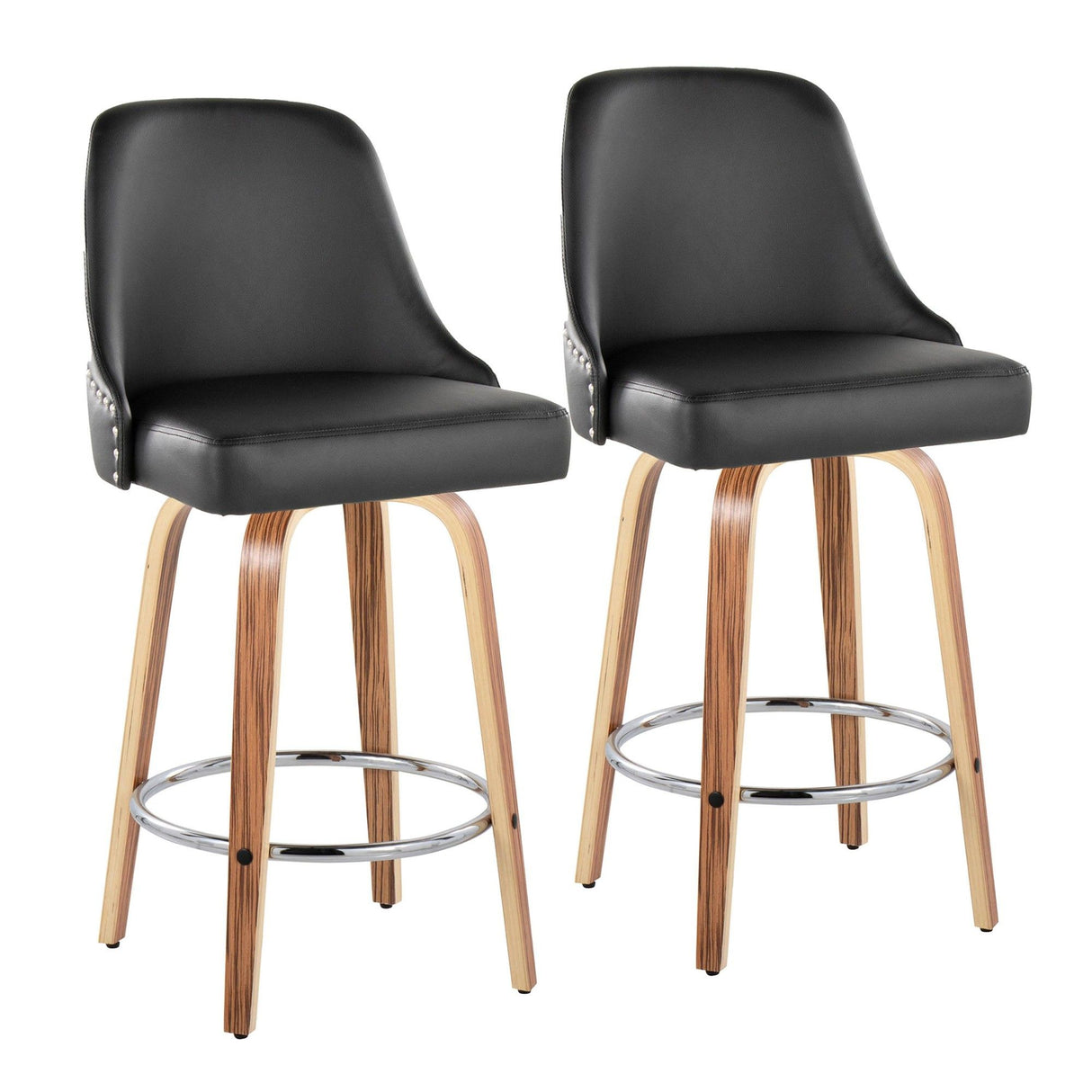 Marcel - 27" Fixed-Height Counter Stool With Swivel And Round Chrome Metal Footrest (Set of 2) - Zebra Wood And Black Faux Leather With Chrome Nailhead Trim