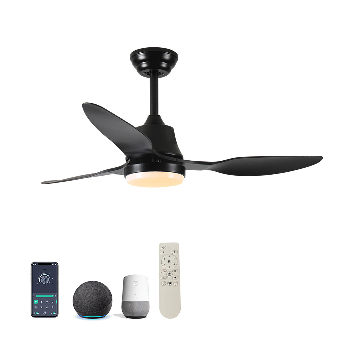 Ceiling Fan With Light, 3 Blades, Remote Control, 6 Speed Reversible DC Motor For Living Room - Black