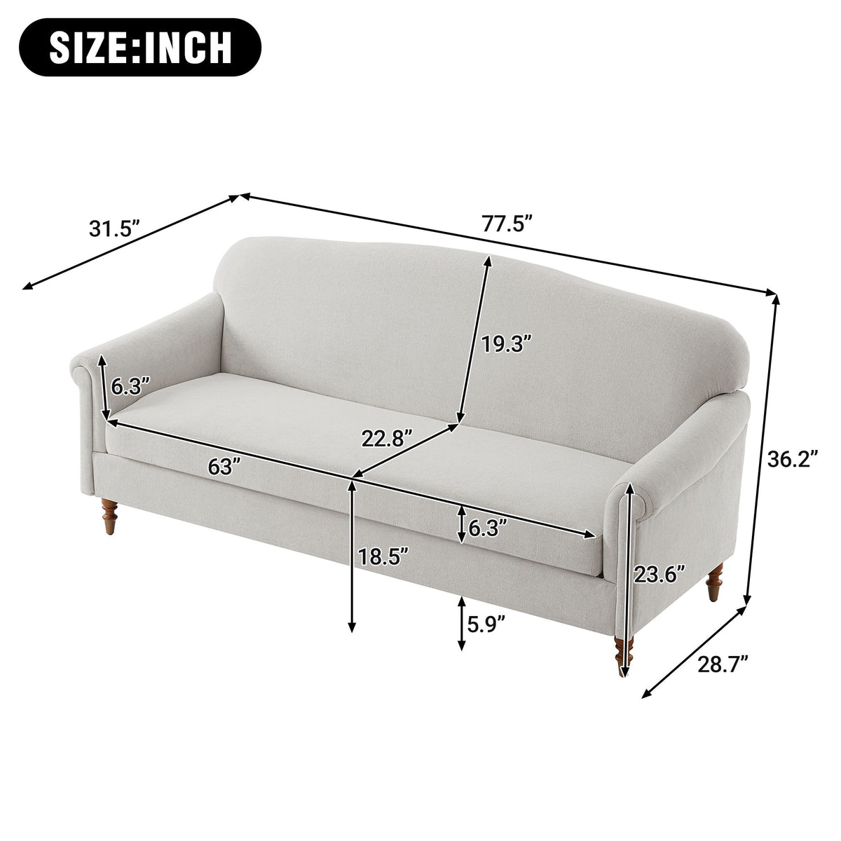 Loveseat Sofa, 2 Seater Couch With Rolled Arms