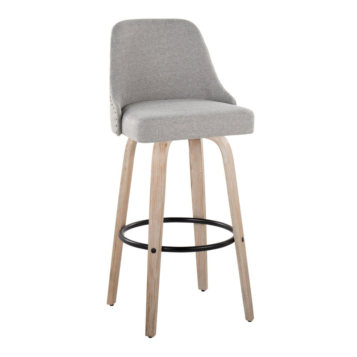 Marcel - 30" Fixed-Height Barstool With Swivel And Round Black Metal Footrest (Set of 2) - Whitewashed Wood