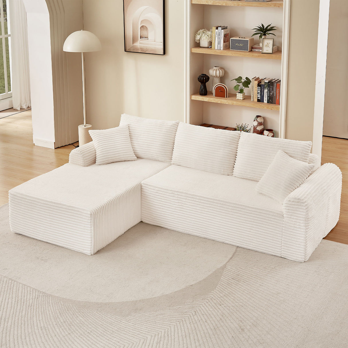 Modular Corduroy Sectional With Arched Armrests, Includes 3 Back Cushions & 2 Throw Pillows