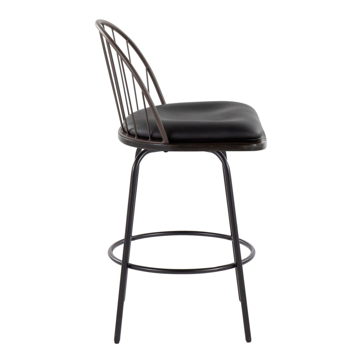Riley - Claire Farmhouse Fixed-Height Swivel Counter Stool (Set of 2) - Black Metal, Bronze Metal, Walnut Wood And Brown Faux Leather With Round Black Metal Footrest