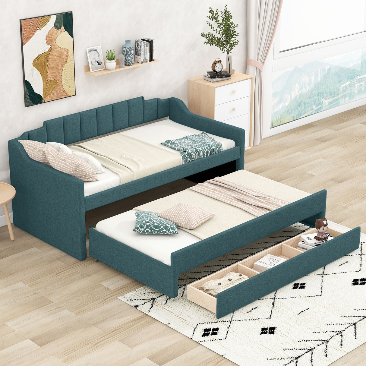 Upholstered Simple Design Daybed With Trundle And 3 Drawers