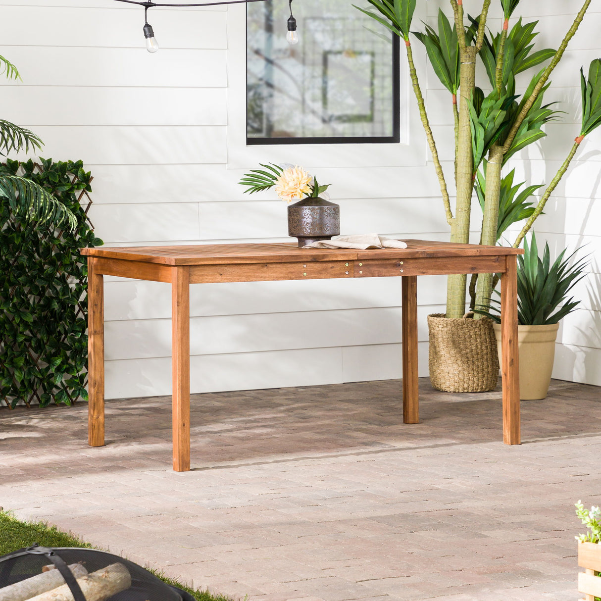 Contemporary Slat Top Acacia Wood Outdoor Dining Table
