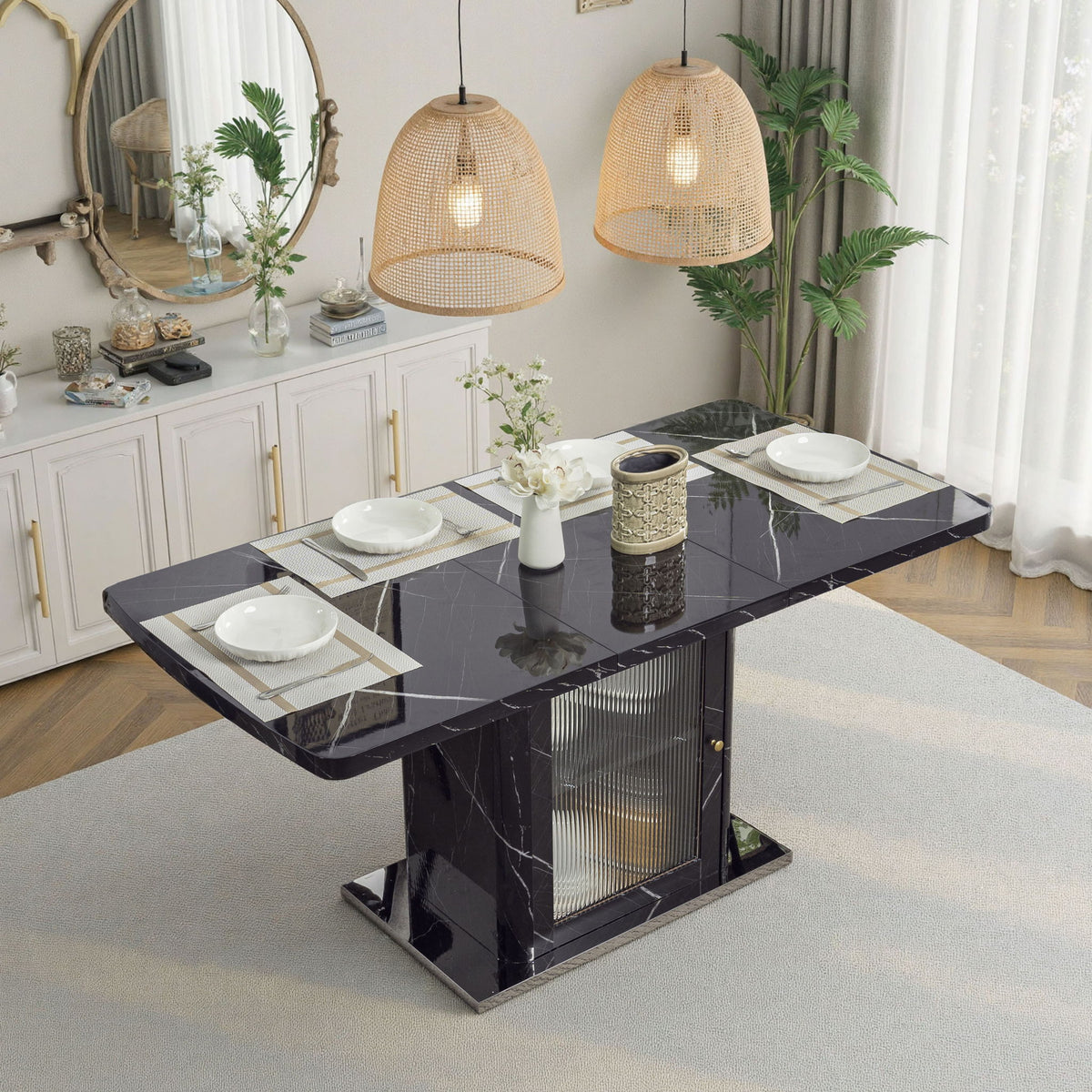 Modern Rectangle Dining Table With Stretchable Top, Storage Cabinet