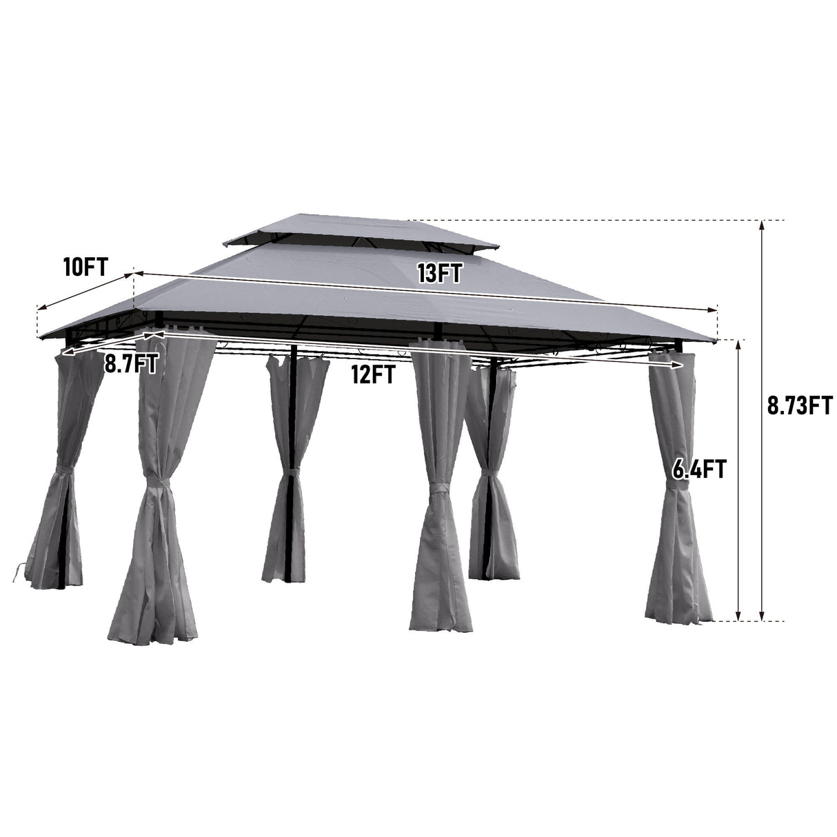 13 0 Ft Outdoor Patio Gazebo Canopy Tent With Ventilated Double Roof And Side Wall (Detachable Curtain Included On All Sides) Suitable For Lawn Garden Backyard And Deck - Gray